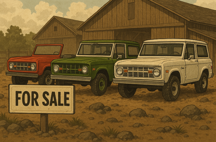 Vintage Ford Broncos for sale, featuring a red 1966 Roadster, green 1970 Bronco, and white 1977 Bronco in a barn lot.