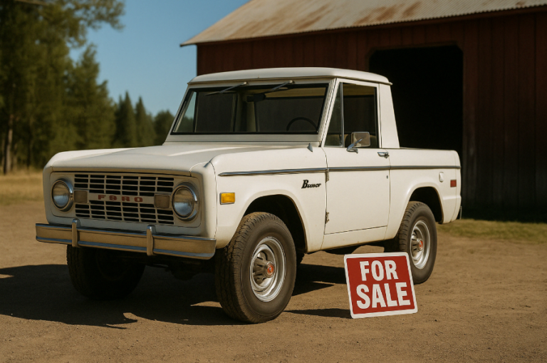 White 1977 Ford Bronco Ranger, used 2-door in decent condition, for sale outside a barn.