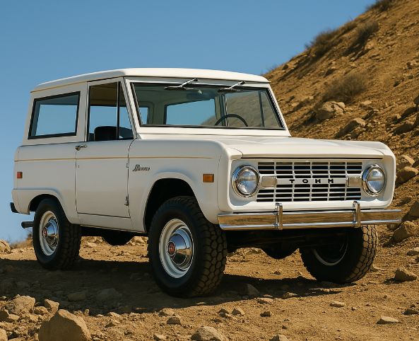 White 1969 Ford Bronco, a 2-door classic, parked on a rocky hillside with a blue sky.